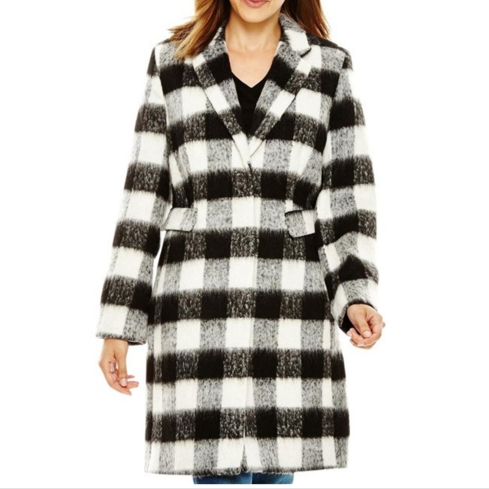 Liz Claiborne Black and White Plaid Pea Coat Buffalo Check